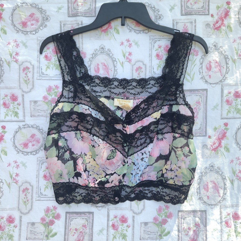 VTG Victoria's Secret Top Medium Cami Camisole Lace Abstract Floral Crop - Picture 1 of 6